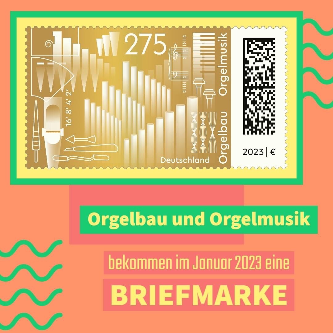 Das Bild zeigt ein Faksimile der Sonderbriefmarke zu Orgelbau und Orgelmusik, die im Januar 2023 erscheint.