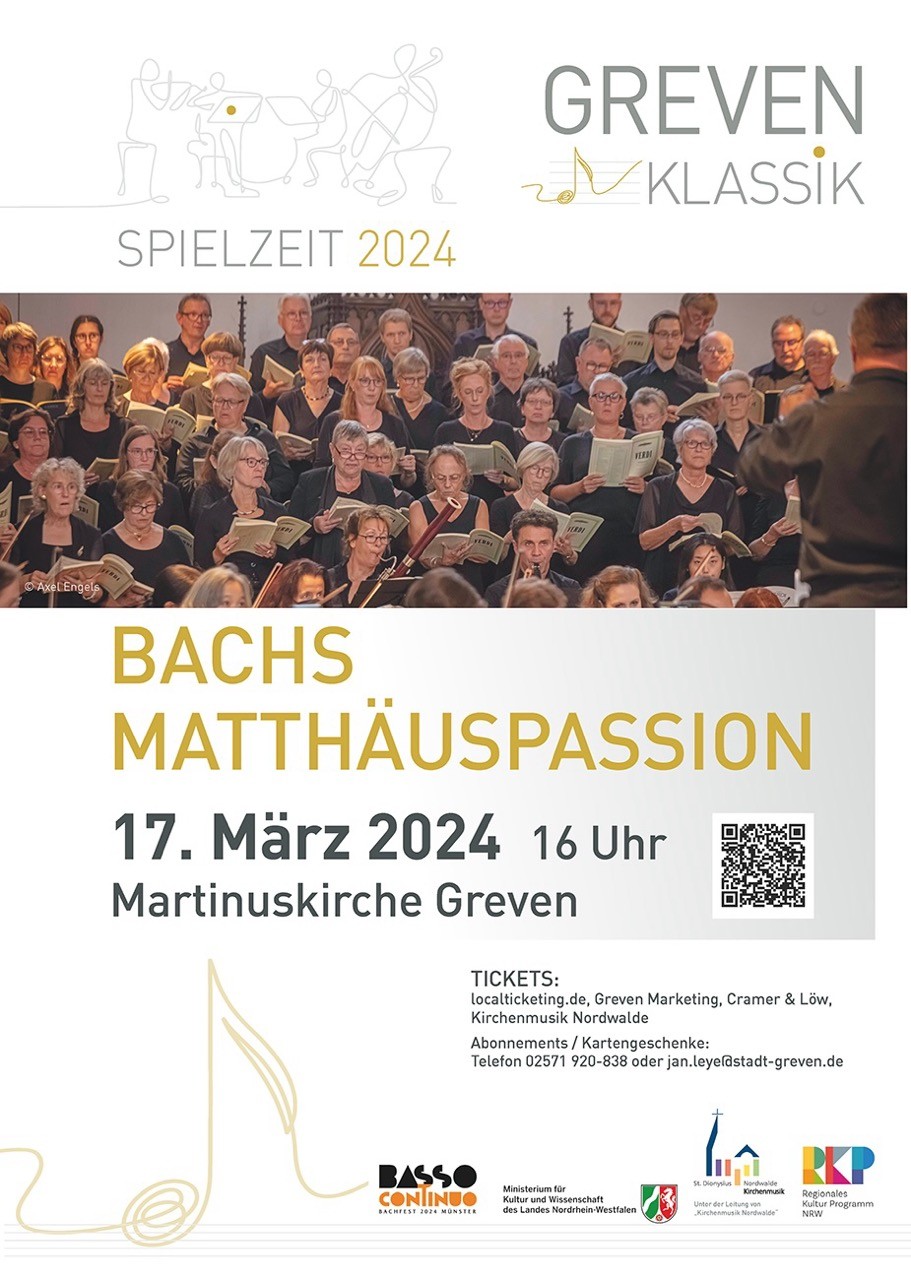 Plakat für die Aufführung von Bachs Matthäuspassion am 17. März 2024 um 16:00 Uhr in der Martinuskirche Greven